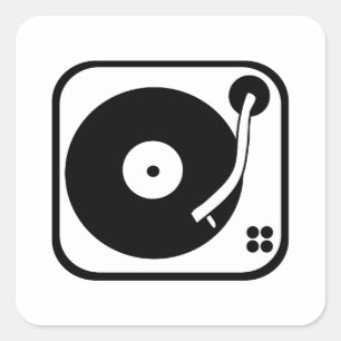 Pegatina Cuadrada Icono de tocadiscos personalizable en blanco y neg
