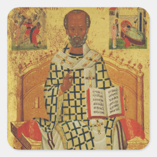Pegatina Cuadrada Icono ortodoxo bizantino de San Nicolás de Mira