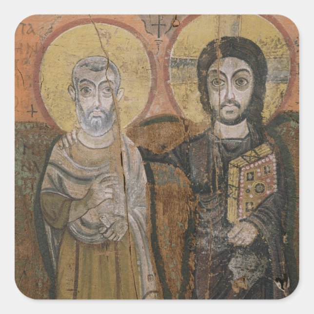 Pegatina Cuadrada Icono que representa a Abbott Mena con Cristo (Anverso)