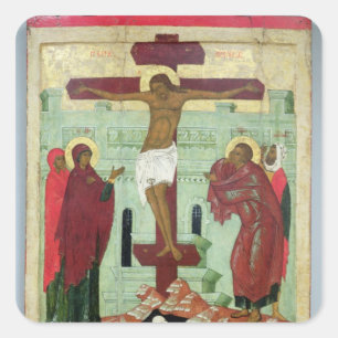 Pegatina Cuadrada Icono que representa la crucifixión con la Virgen
