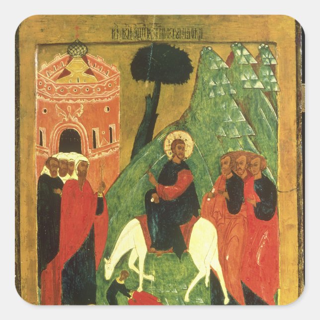 Pegatina Cuadrada Icono que representa la entrada de Cristo a Jerusa (Anverso)