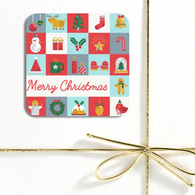 Pegatina Cuadrada Iconos de Navidades de invierno alegres y retro (Subido por el creador)