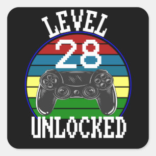 Pegatina Cuadrada Idea de regalo de cumpleaños número 28 de Level 28