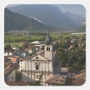 Pegatina Cuadrada Iglesia colegiata por la mañana, Arco, Trento