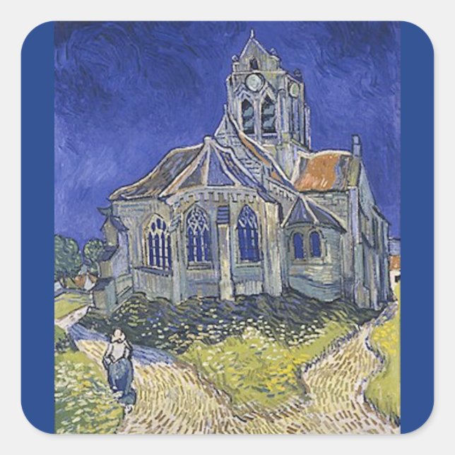 Pegatina Cuadrada Iglesia de Auvers, por Vincent Van Gogh (Anverso)