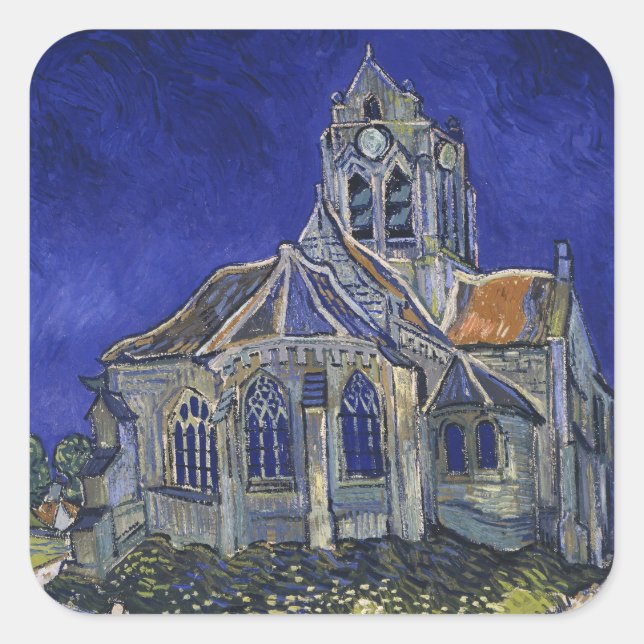 Pegatina Cuadrada Iglesia de Auvers por Vincent van Gogh (Anverso)