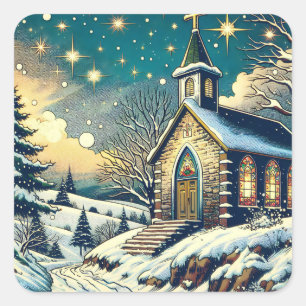 Pegatina Cuadrada Iglesia de bonito en Navidades de invierno