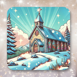 Pegatina Cuadrada Iglesia de bonito en Navidades de invierno