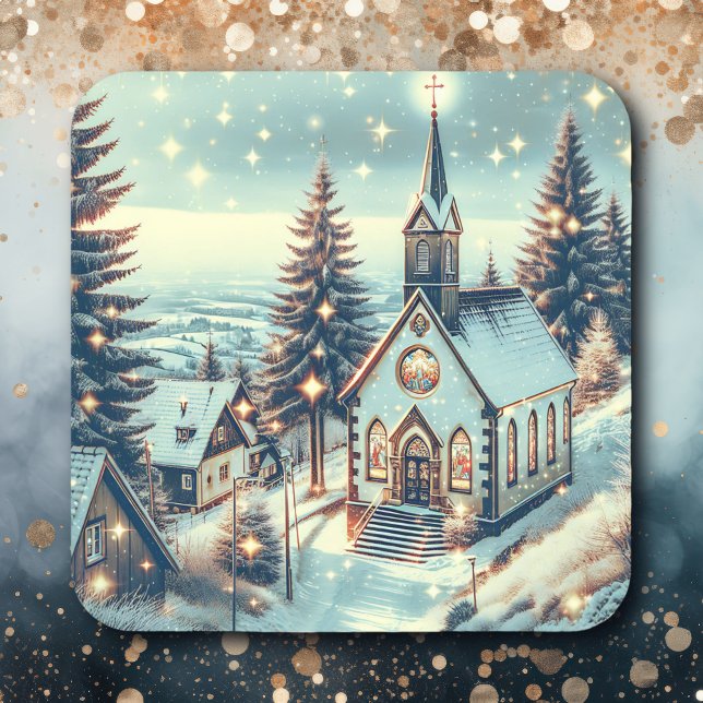 Pegatina Cuadrada Iglesia de bonito en Navidades del Día del Inviern (Subido por el creador)