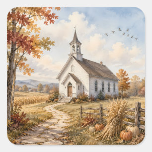 Pegatina Cuadrada Iglesia de campo de otoño Paisaje en acuarela