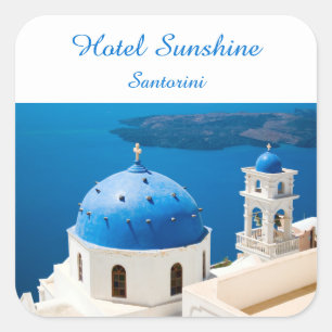 Pegatina Cuadrada Iglesia de Grecia Santorini foto azul y texto
