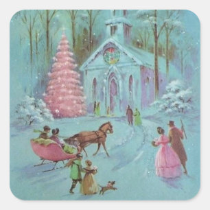 Pegatina Cuadrada Iglesia de Navidades de Invierno Rosa