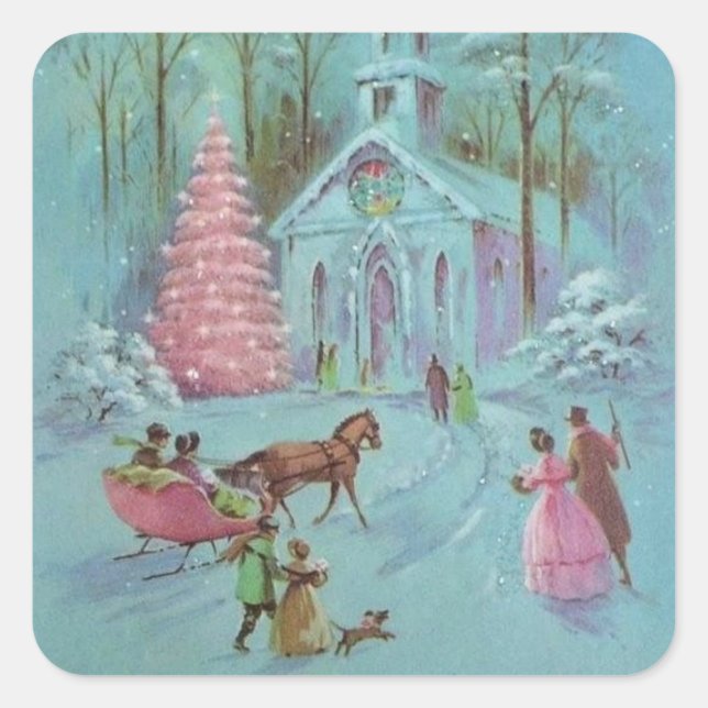 Pegatina Cuadrada Iglesia de Navidades de Invierno Rosa (Anverso)
