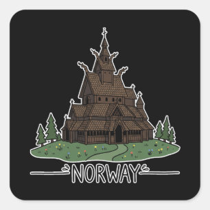 Pegatina Cuadrada Iglesia de postes en Noruega Doodle minimalista