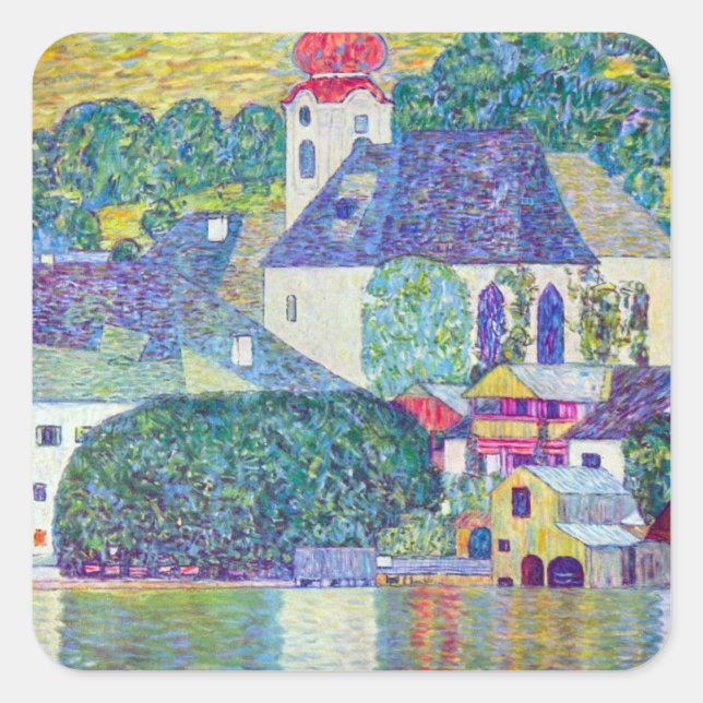 Pegatina Cuadrada Iglesia de St. Wolfgang, por Gustav Klimt, arte vi (Anverso)
