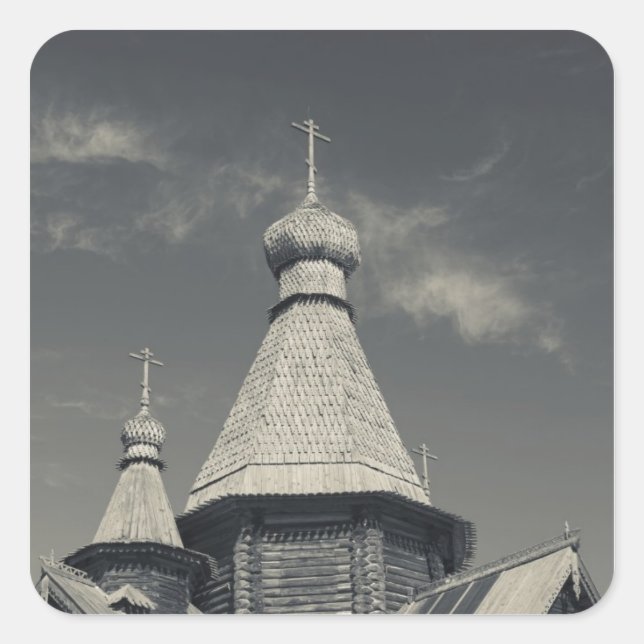 Pegatina Cuadrada Iglesia ortodoxa rusa de madera tradicional (Anverso)