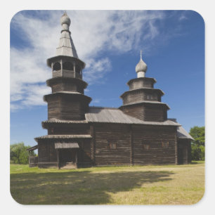 Pegatina Cuadrada Iglesia ortodoxa rusa tradicional de madera