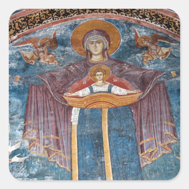 Pegatina Cuadrada Iglesia Ortodoxa Serbia y lugar de la UNESCO, (Anverso)