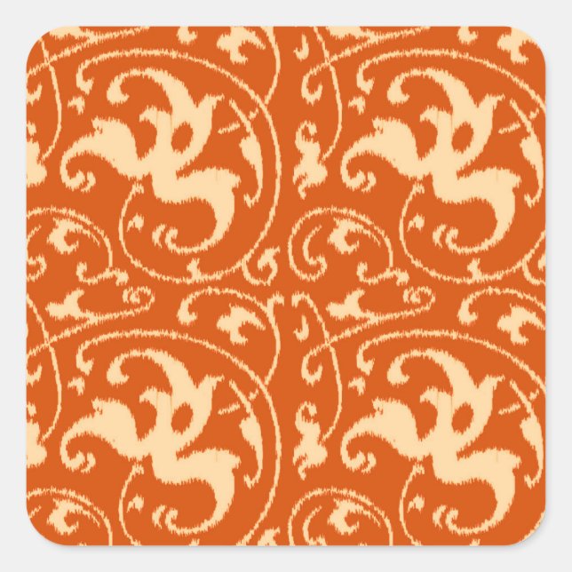 Pegatina Cuadrada Ikat Floral Damask - Naranja mandarín (Anverso)