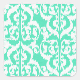 Pegatina Cuadrada Ikat Moorish Damask - aqua y blanco