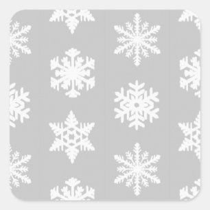 Pegatina Cuadrada Ikat Snowflakes - gris plateado y blanco