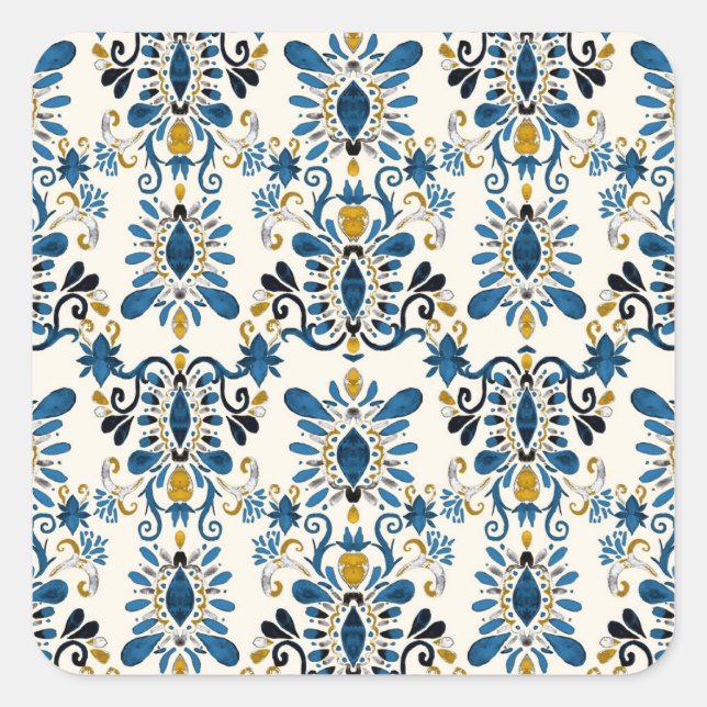 Pegatina Cuadrada Ikat tie-dye, acuarela tribal (Anverso)