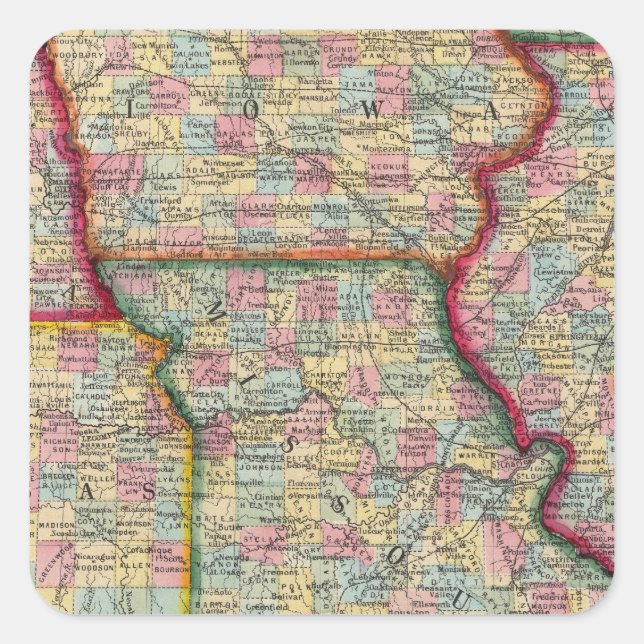 Pegatina Cuadrada Illinois, Missouri, Iowa, Nebraska Y Kansas (Anverso)