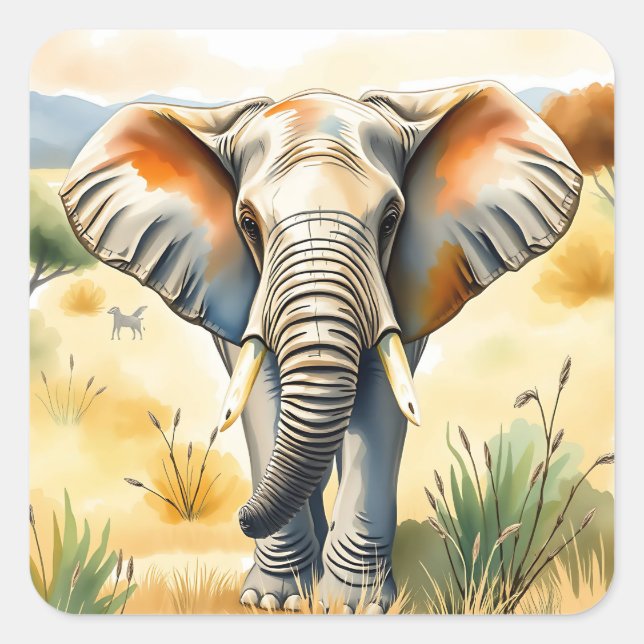 Pegatina Cuadrada Ilustracion acuarela de un elefante (Anverso)