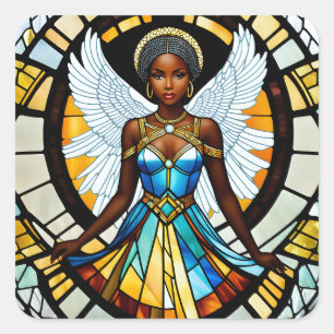 Pegatina Cuadrada Ilustracion Ángel Africano Americano de Vidrio Man