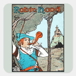 Pegatina Cuadrada Ilustración antigua de Robin Hood y sus hombres al