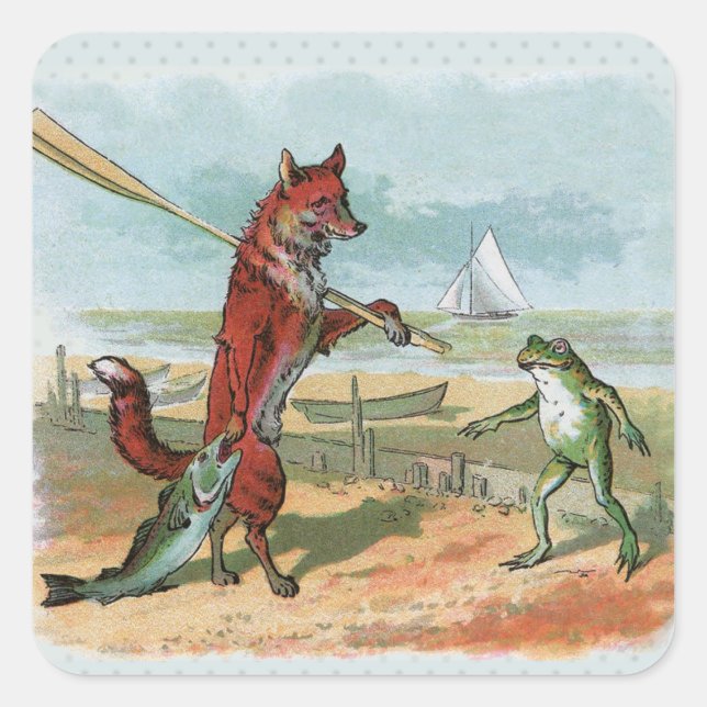 Pegatina Cuadrada Ilustracion antiguo de pesca de rana Fox (Anverso)