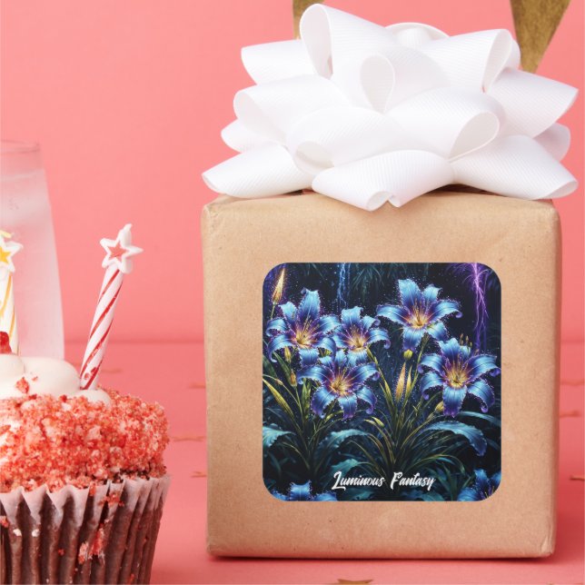 Pegatina Cuadrada Ilustracion bioluminiscente de jardín nocturno (Fiesta)