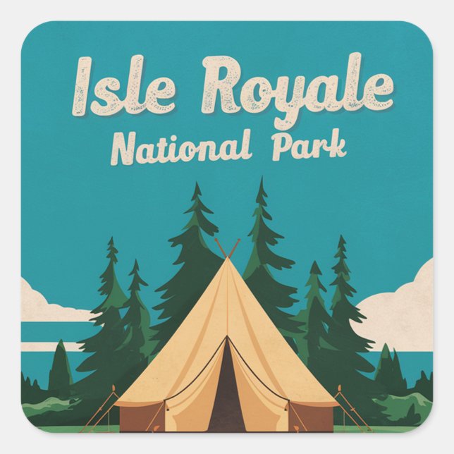 Pegatina Cuadrada Ilustracion Camping del Parque Nacional Isle Royal (Anverso)