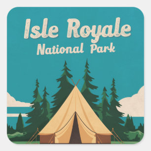Pegatina Cuadrada Ilustracion Camping del Parque Nacional Isle Royal