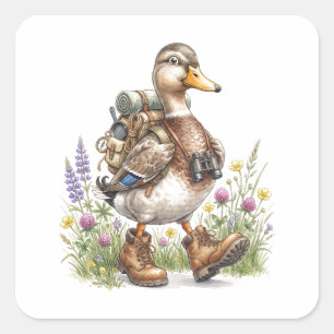 Pegatina Cuadrada Ilustración caprichosa de un pato de excursión con