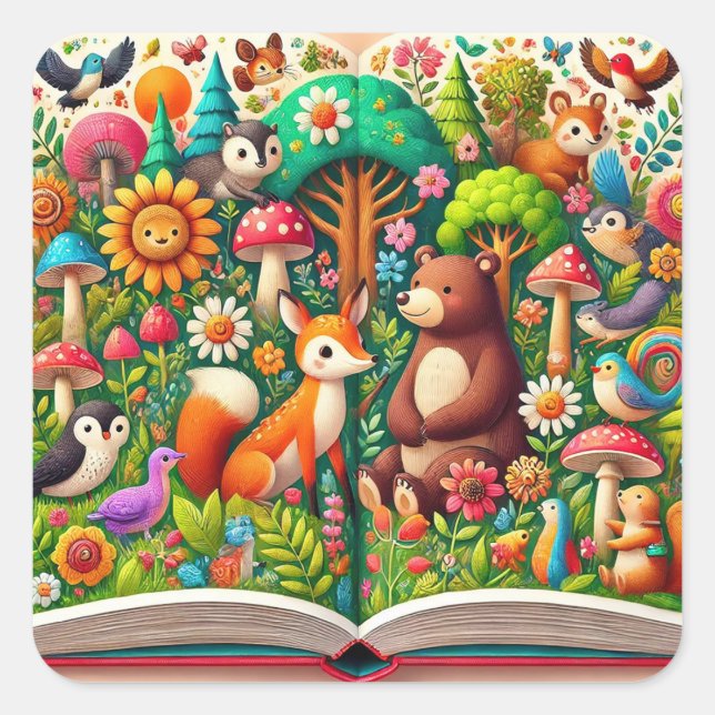 Pegatina Cuadrada Ilustración caprichosa del bosque (Anverso)