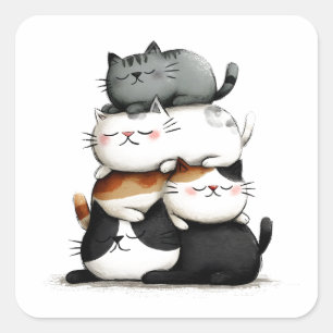 Pegatina Cuadrada Ilustracion caprichoso de un montón de gatos adora