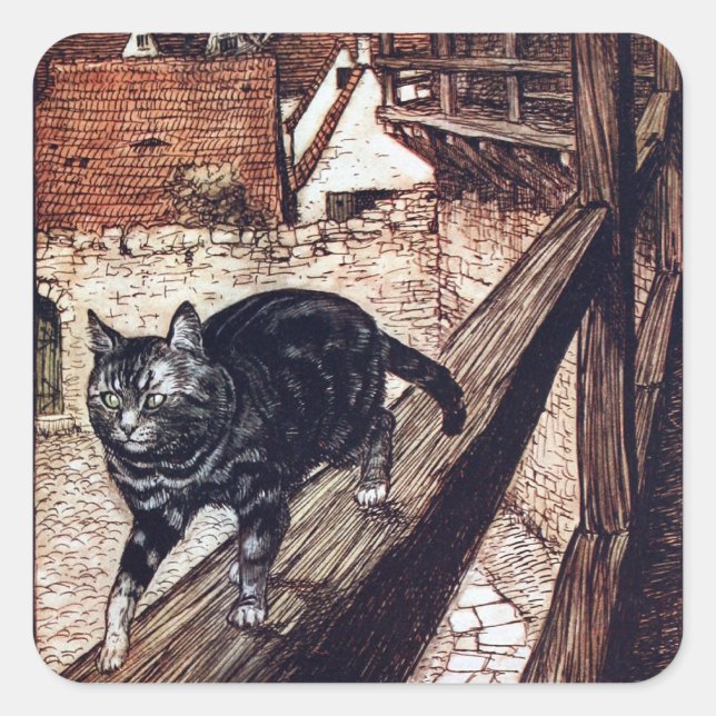 Pegatina Cuadrada Ilustracion Castle Cat Rackham (Anverso)