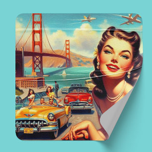 Pegatina Cuadrada Ilustracion Chica Vintage San Francisco