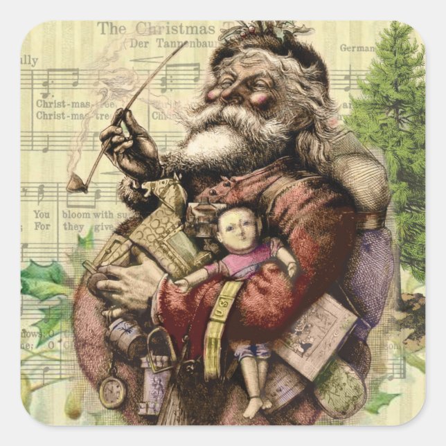 Pegatina Cuadrada Ilustracion clásico Merry Santa Claus Tree (Anverso)