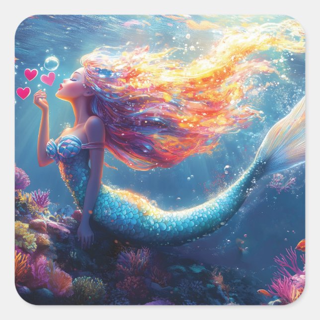 Pegatina Cuadrada Ilustracion colorido de sirena submarina (Anverso)