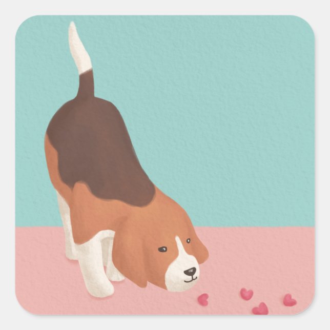 Pegatina Cuadrada Ilustracion Cute Beagle & Hearts (Anverso)