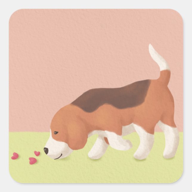 Pegatina Cuadrada Ilustracion Cute Beagle & Hearts (Anverso)