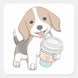 Pegatina Cuadrada Ilustracion Cute Dog & Cup
