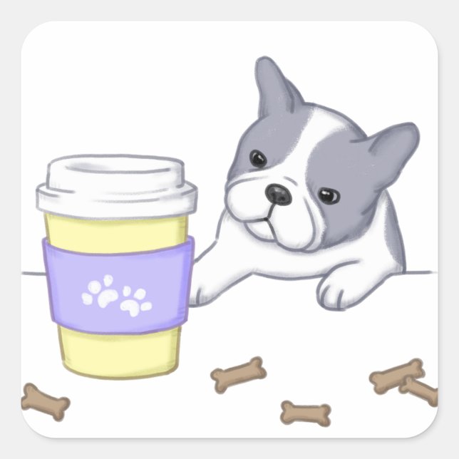 Pegatina Cuadrada Ilustracion Cute Dog, Cup y Biscuits (Anverso)