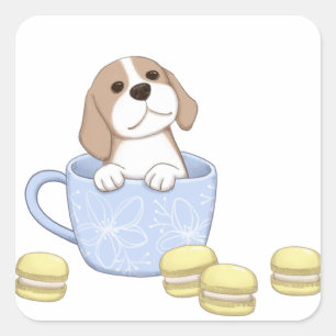 Pegatina Cuadrada Ilustracion Cute Dog, Cup y Macarons