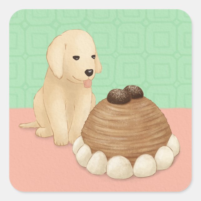 Pegatina Cuadrada Ilustracion Cute Golden Retriever y Dessert (Anverso)
