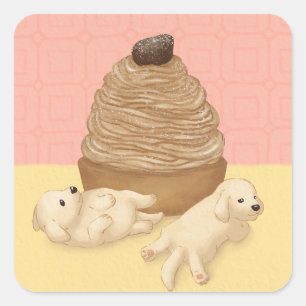 Pegatina Cuadrada Ilustracion Cute Golden Retriever y Dessert