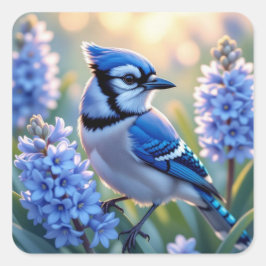 Pegatina Cuadrada Ilustración de AI de Pretty Blue Jay y Lilas