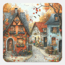 Pegatina Cuadrada Ilustracion de Aldea Otoño Naranja Europea